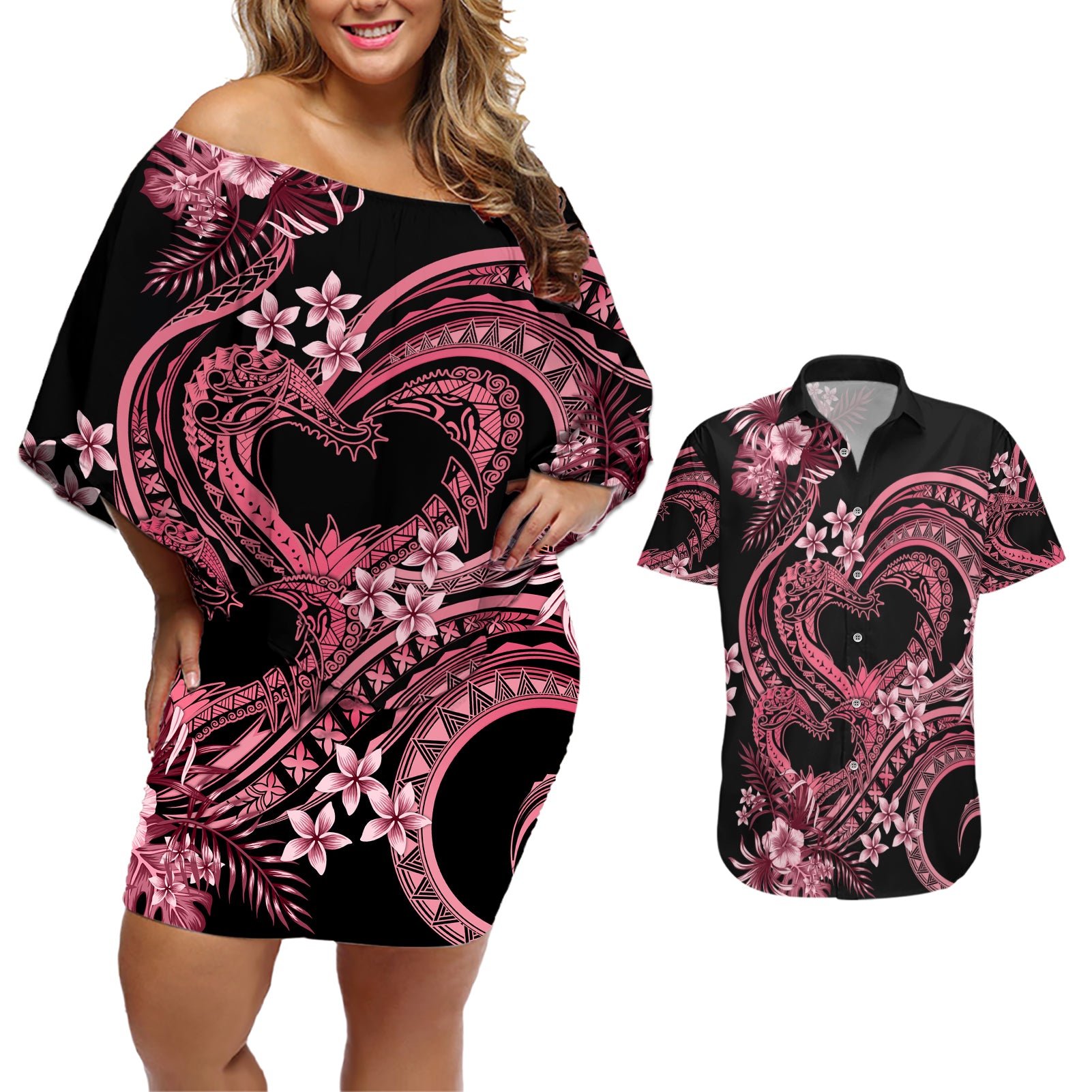 Polynesia Valentines Day Forever In My Heart Tattoo Couples Matching Off Shoulder Short Dress and Hawaiian Shirt Pink Style LT9 Pink - Polynesian Pride