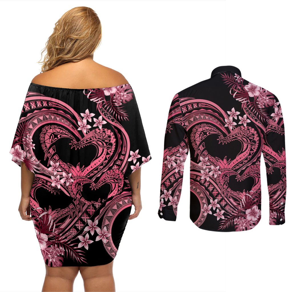 Polynesia Valentines Day Forever In My Heart Tattoo Couples Matching Off Shoulder Short Dress and Long Sleeve Button Shirt Pink Style LT9 - Polynesian Pride