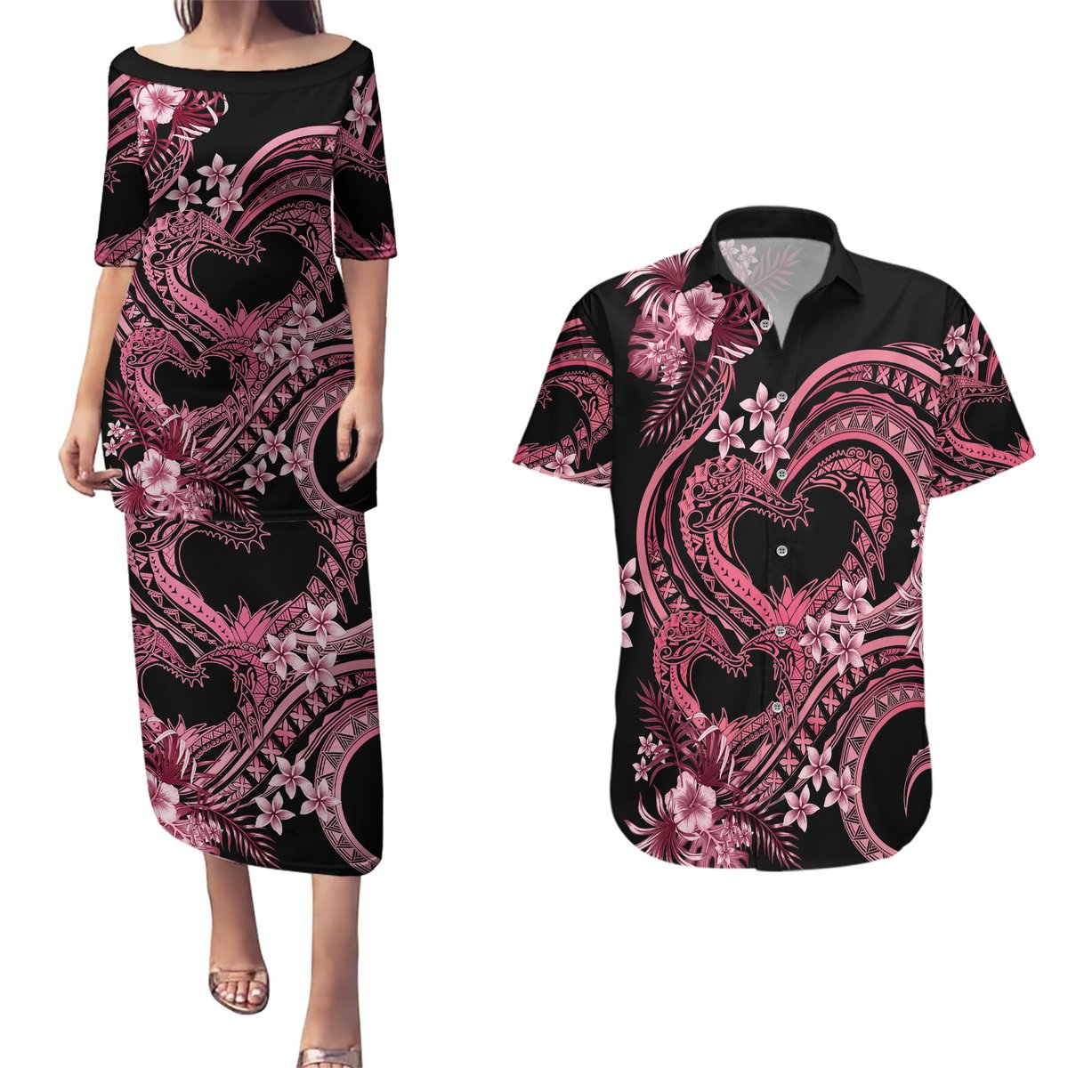 Polynesia Valentines Day Forever In My Heart Tattoo Couples Matching Puletasi and Hawaiian Shirt Pink Style LT9 Pink - Polynesian Pride