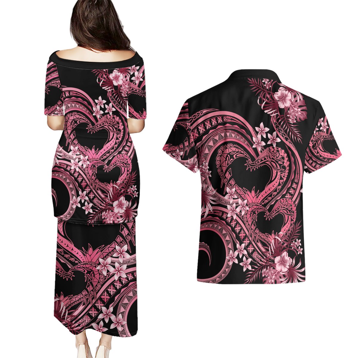 Polynesia Valentines Day Forever In My Heart Tattoo Couples Matching Puletasi and Hawaiian Shirt Pink Style LT9 - Polynesian Pride