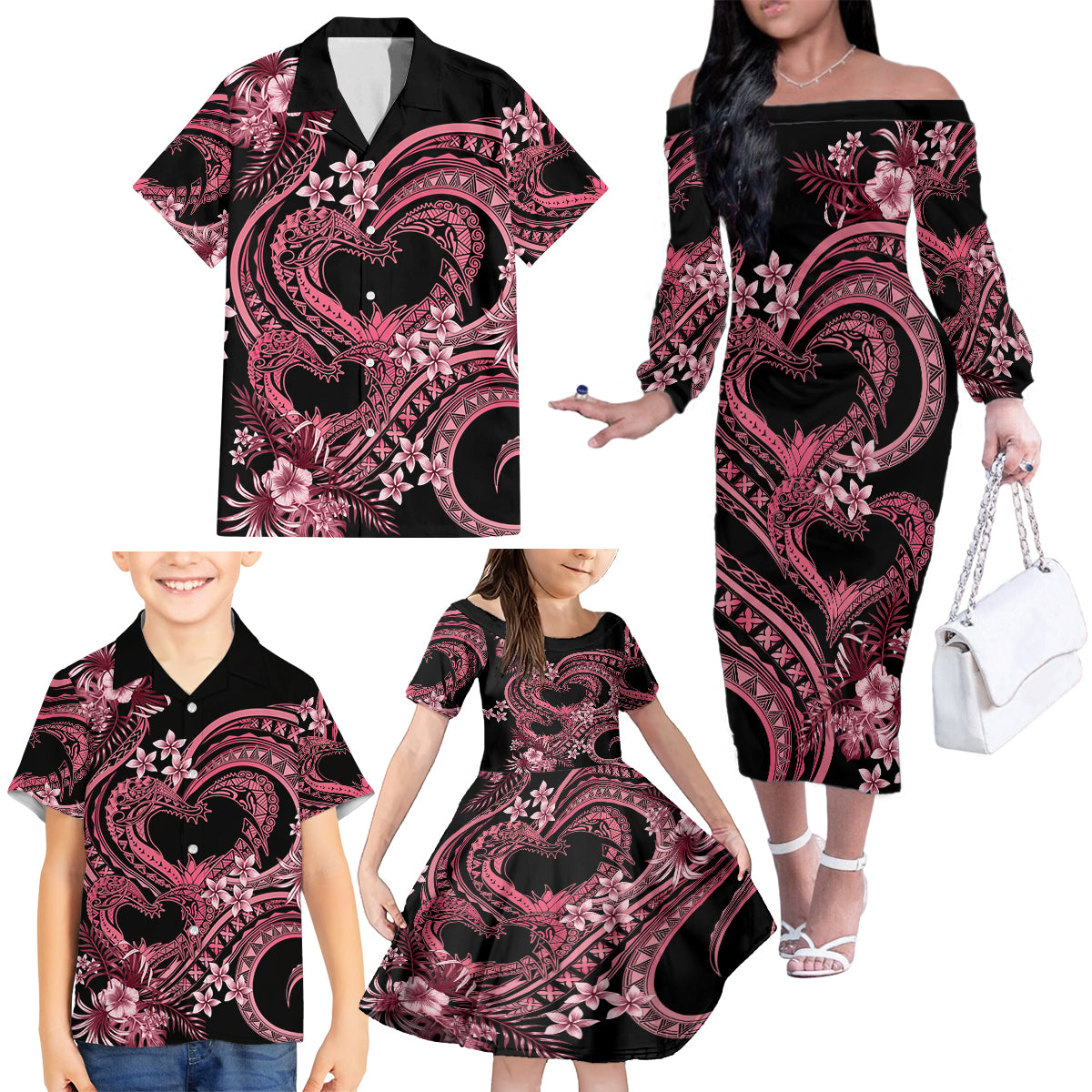 Polynesia Valentines Day Forever In My Heart Tattoo Family Matching Off Shoulder Long Sleeve Dress and Hawaiian Shirt Pink Style LT9 - Polynesian Pride