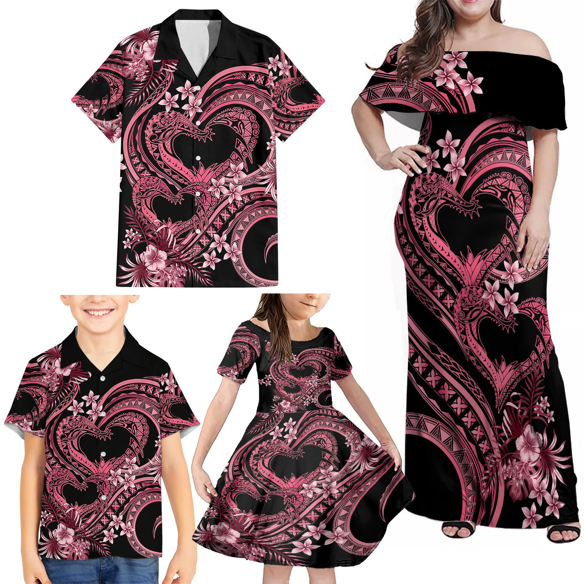 Polynesia Valentines Day Forever In My Heart Tattoo Family Matching Off Shoulder Maxi Dress and Hawaiian Shirt Pink Style LT9 - Polynesian Pride