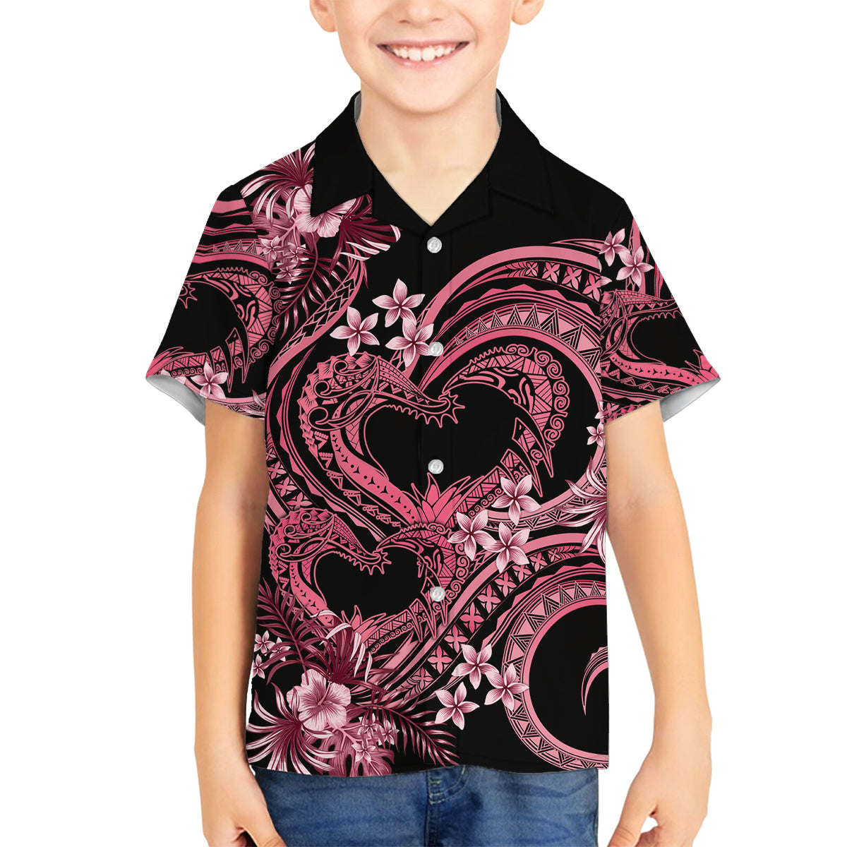 Polynesia Valentines Day Forever In My Heart Tattoo Family Matching Puletasi and Hawaiian Shirt Pink Style LT9 Son's Shirt Pink - Polynesian Pride