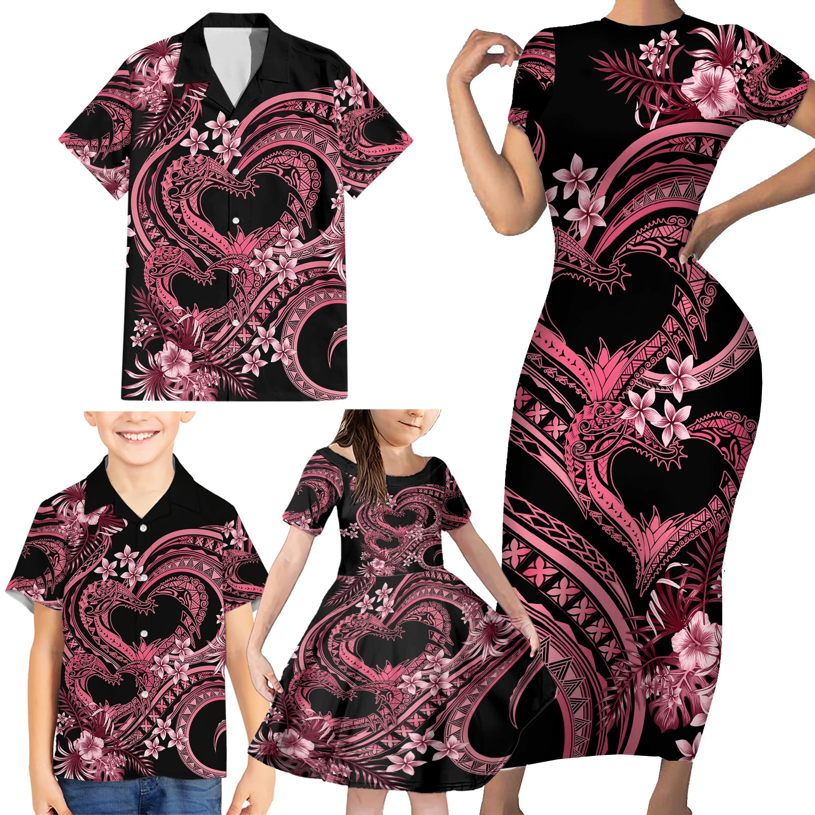 Polynesia Valentines Day Forever In My Heart Tattoo Family Matching Short Sleeve Bodycon Dress and Hawaiian Shirt Pink Style LT9 - Polynesian Pride