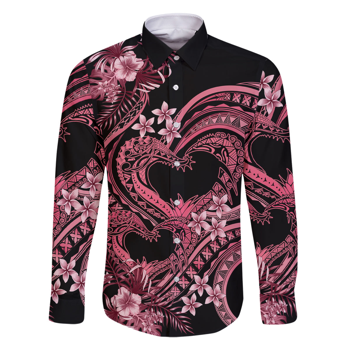 Polynesia Valentines Day Forever In My Heart Tattoo Family Matching Tank Maxi Dress and Hawaiian Shirt Pink Style LT9 Dad's Shirt - Long Sleeve Pink - Polynesian Pride