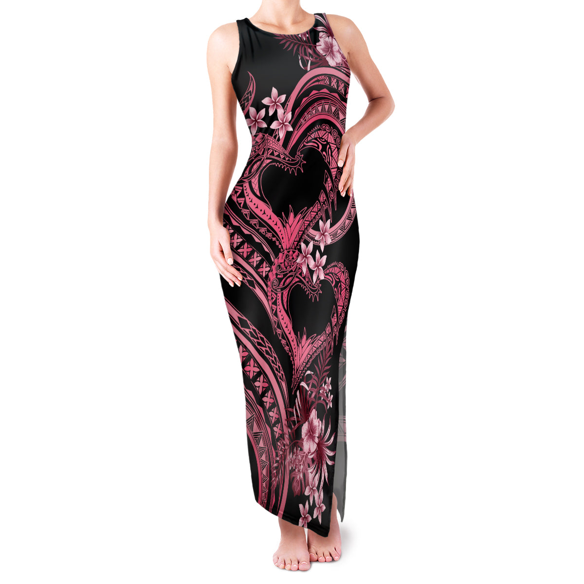 Polynesia Valentines Day Forever In My Heart Tattoo Family Matching Tank Maxi Dress and Hawaiian Shirt Pink Style LT9 Mom's Dress Pink - Polynesian Pride