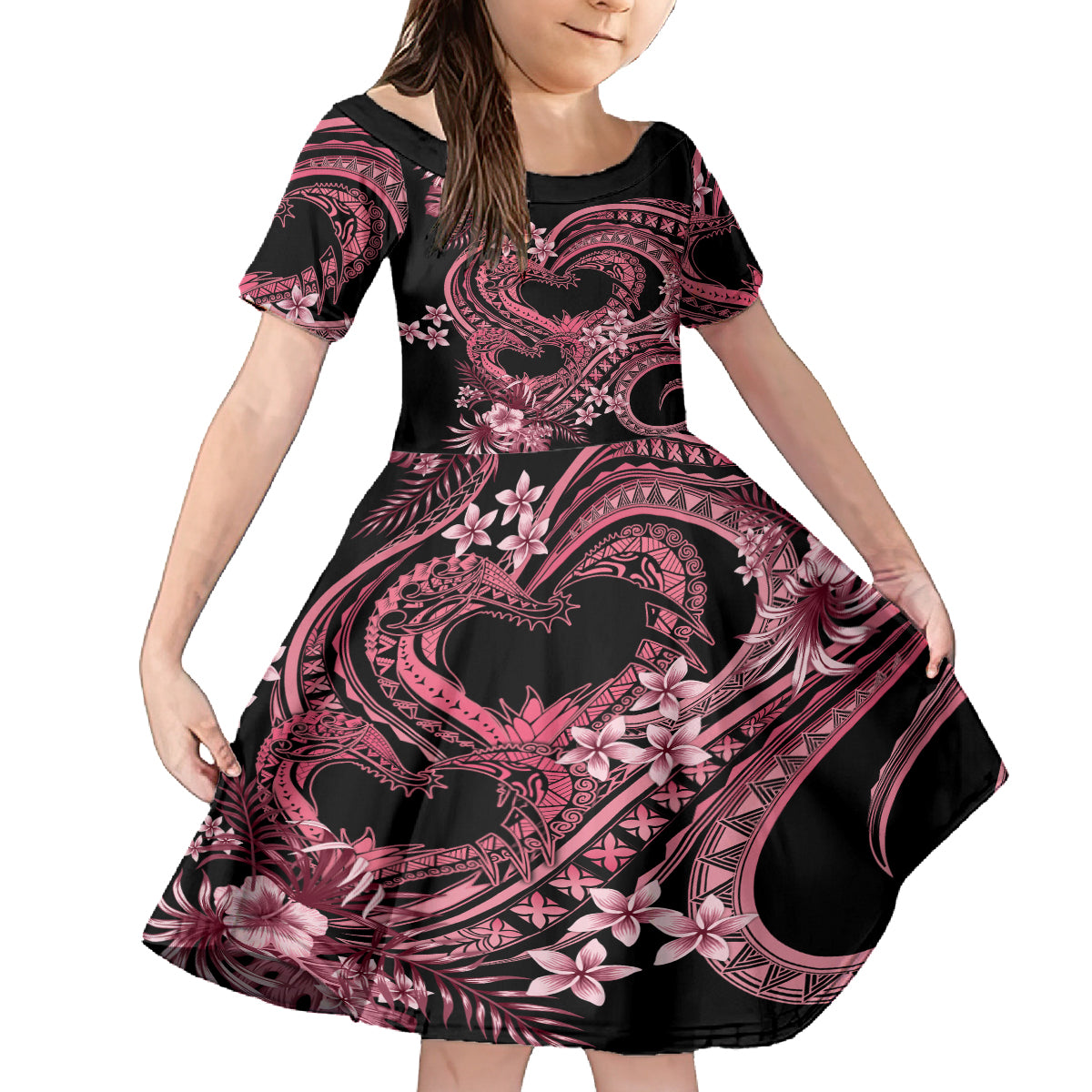 Polynesia Valentines Day Forever In My Heart Tattoo Kid Short Sleeve Dress Pink Style LT9 KID Pink - Polynesian Pride