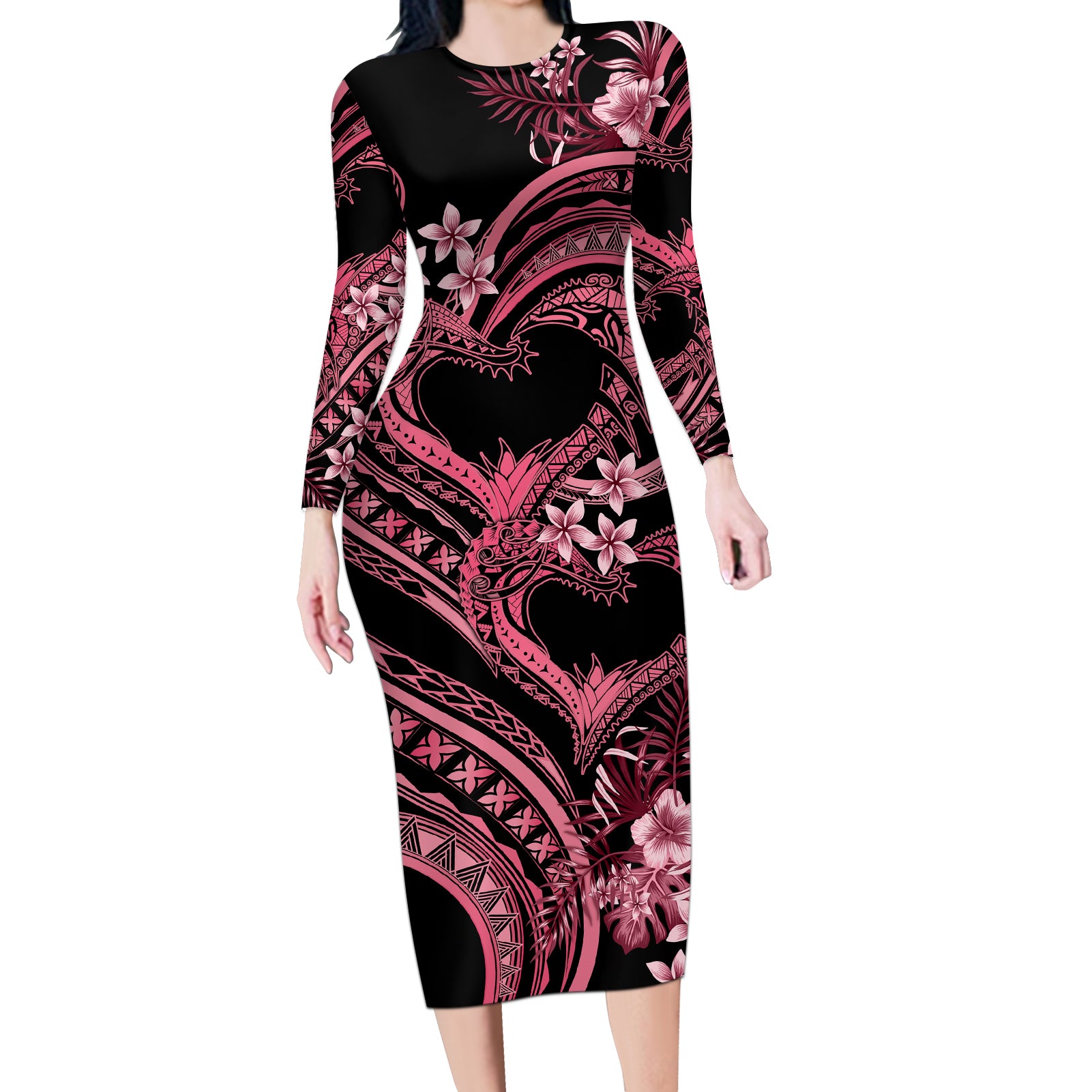 Polynesia Valentines Day Forever In My Heart Tattoo Long Sleeve Bodycon Dress Pink Style LT9 Long Dress Pink - Polynesian Pride