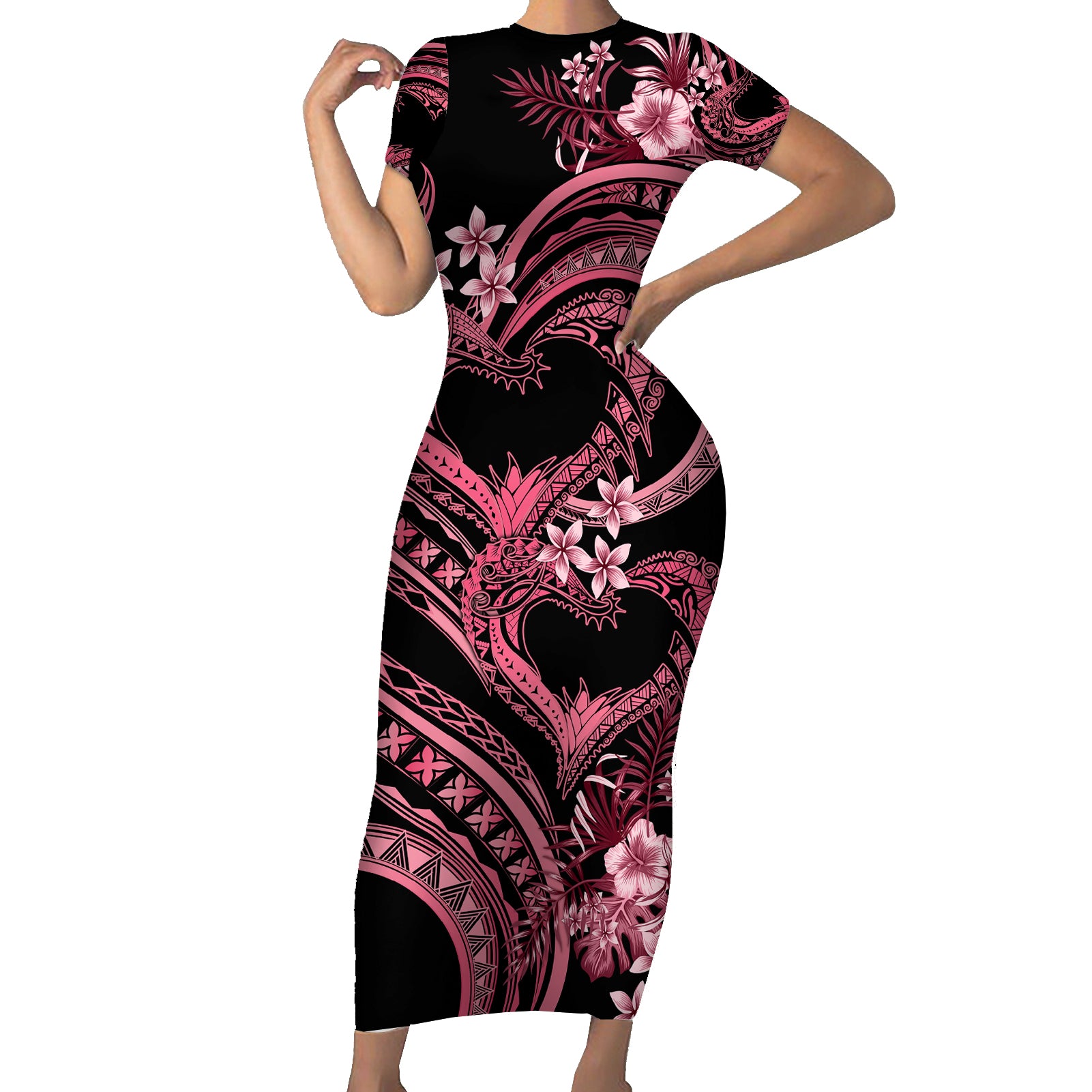 Polynesia Valentines Day Forever In My Heart Tattoo Short Sleeve Bodycon Dress Pink Style LT9 Long Dress Pink - Polynesian Pride