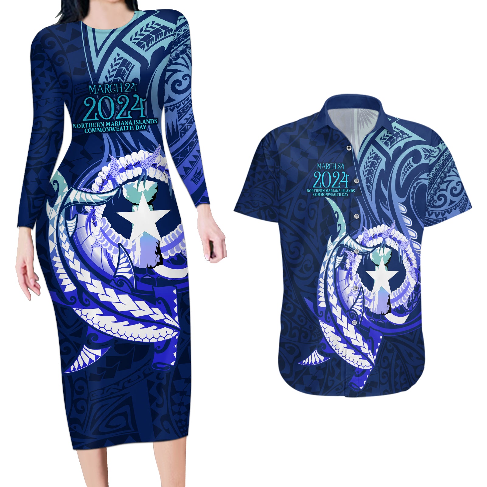 Personalised Northern Mariana Islands Couples Matching Long Sleeve Bodycon Dress and Hawaiian Shirt Commonwealth Day 2024 LT9 Ocean Blue - Polynesian Pride