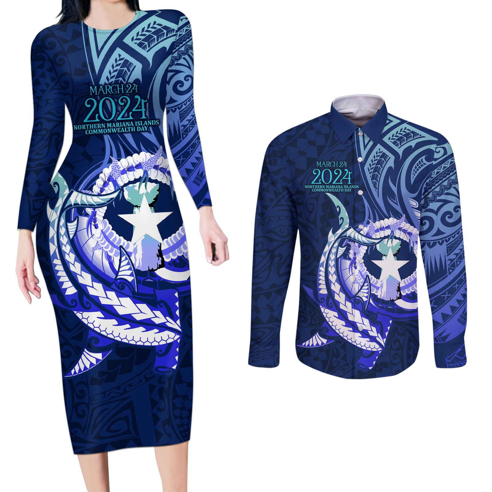 Personalised Northern Mariana Islands Couples Matching Long Sleeve Bodycon Dress and Long Sleeve Button Shirt Commonwealth Day 2024 LT9 Ocean Blue - Polynesian Pride