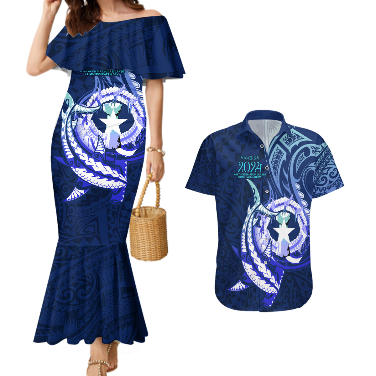 Personalised Northern Mariana Islands Couples Matching Mermaid Dress and Hawaiian Shirt Commonwealth Day 2024 LT9 Ocean Blue - Polynesian Pride