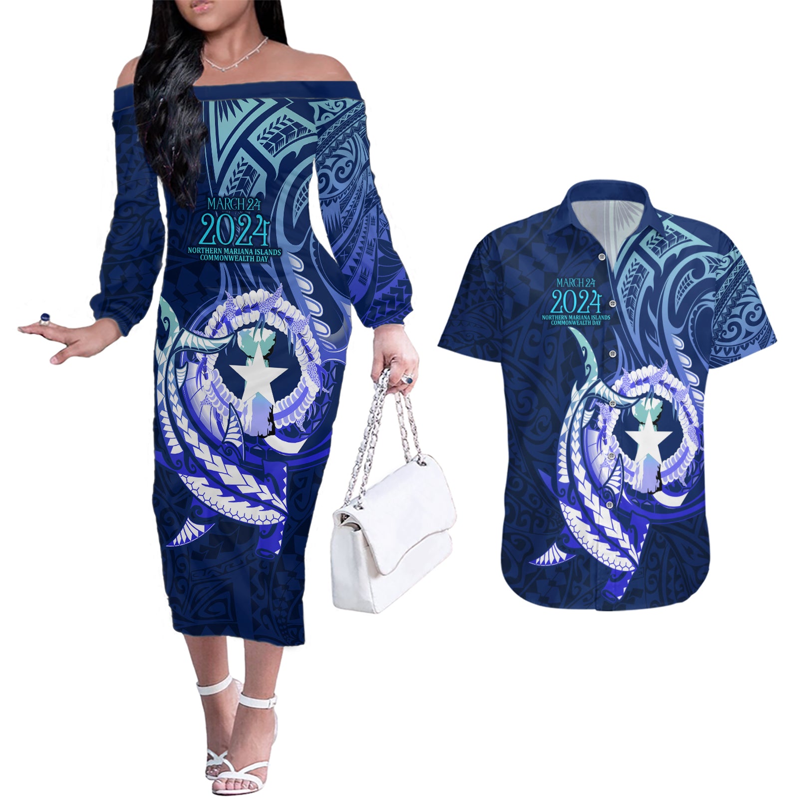 Personalised Northern Mariana Islands Couples Matching Off The Shoulder Long Sleeve Dress and Hawaiian Shirt Commonwealth Day 2024 LT9 Ocean Blue - Polynesian Pride