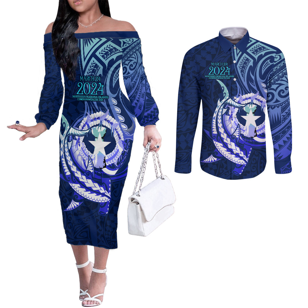 Personalised Northern Mariana Islands Couples Matching Off The Shoulder Long Sleeve Dress and Long Sleeve Button Shirt Commonwealth Day 2024 LT9 Ocean Blue - Polynesian Pride