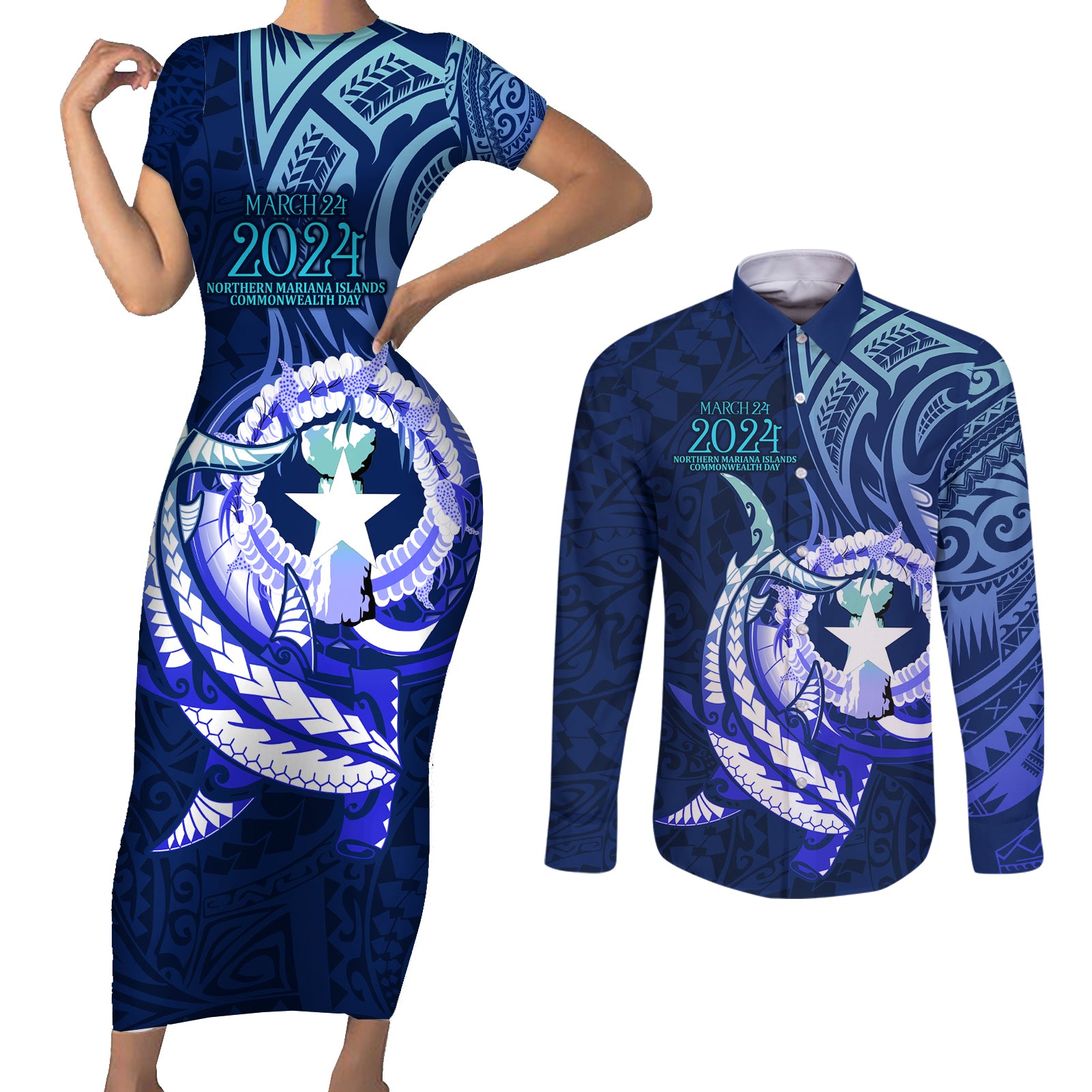 Personalised Northern Mariana Islands Couples Matching Short Sleeve Bodycon Dress and Long Sleeve Button Shirt Commonwealth Day 2024 LT9 Ocean Blue - Polynesian Pride