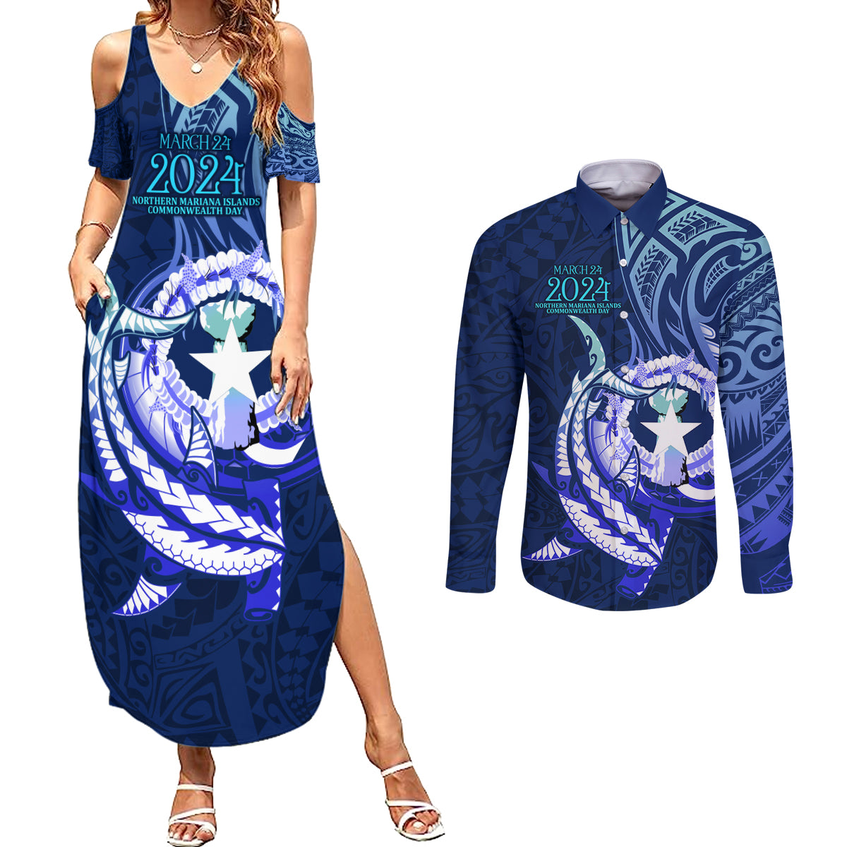 Personalised Northern Mariana Islands Couples Matching Summer Maxi Dress and Long Sleeve Button Shirt Commonwealth Day 2024 LT9 Ocean Blue - Polynesian Pride