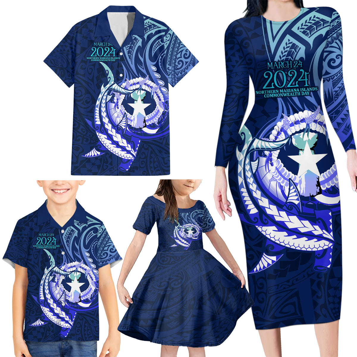 Personalised Northern Mariana Islands Family Matching Long Sleeve Bodycon Dress and Hawaiian Shirt Commonwealth Day 2024 LT9 - Polynesian Pride