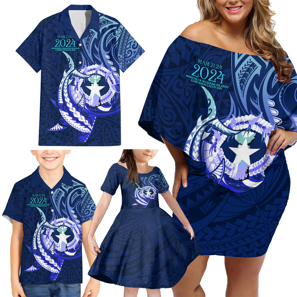 Personalised Northern Mariana Islands Family Matching Off Shoulder Short Dress and Hawaiian Shirt Commonwealth Day 2024 LT9 - Polynesian Pride