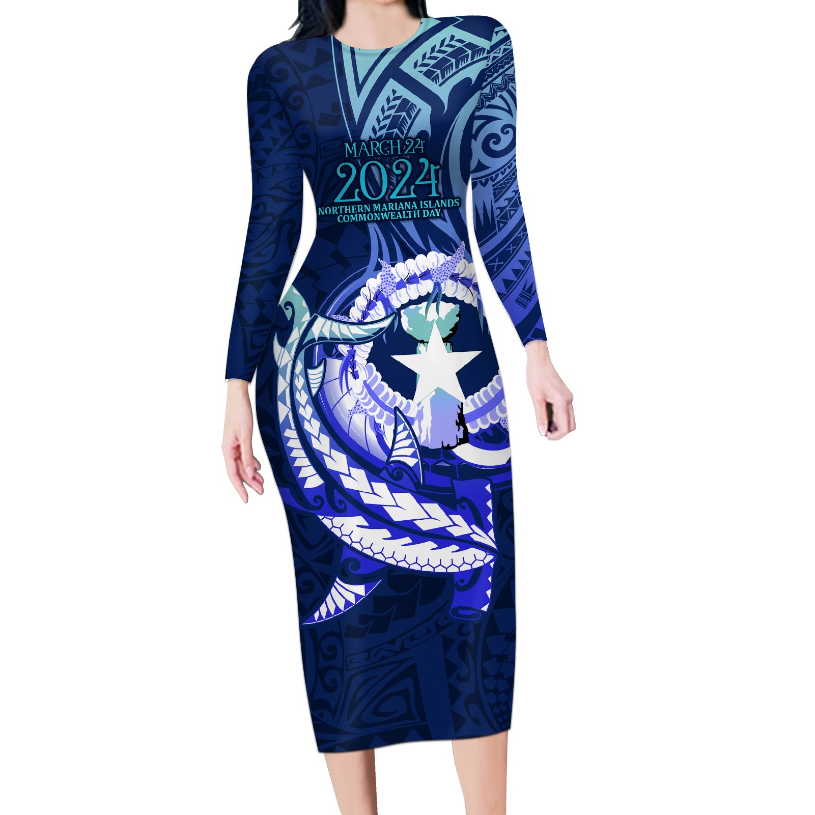 Personalised Northern Mariana Islands Long Sleeve Bodycon Dress Commonwealth Day 2024 LT9 Long Dress Ocean Blue - Polynesian Pride