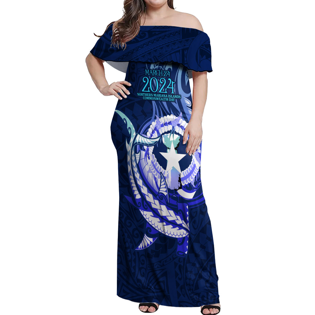 Personalised Northern Mariana Islands Off Shoulder Maxi Dress Commonwealth Day 2024 LT9 Women Ocean Blue - Polynesian Pride