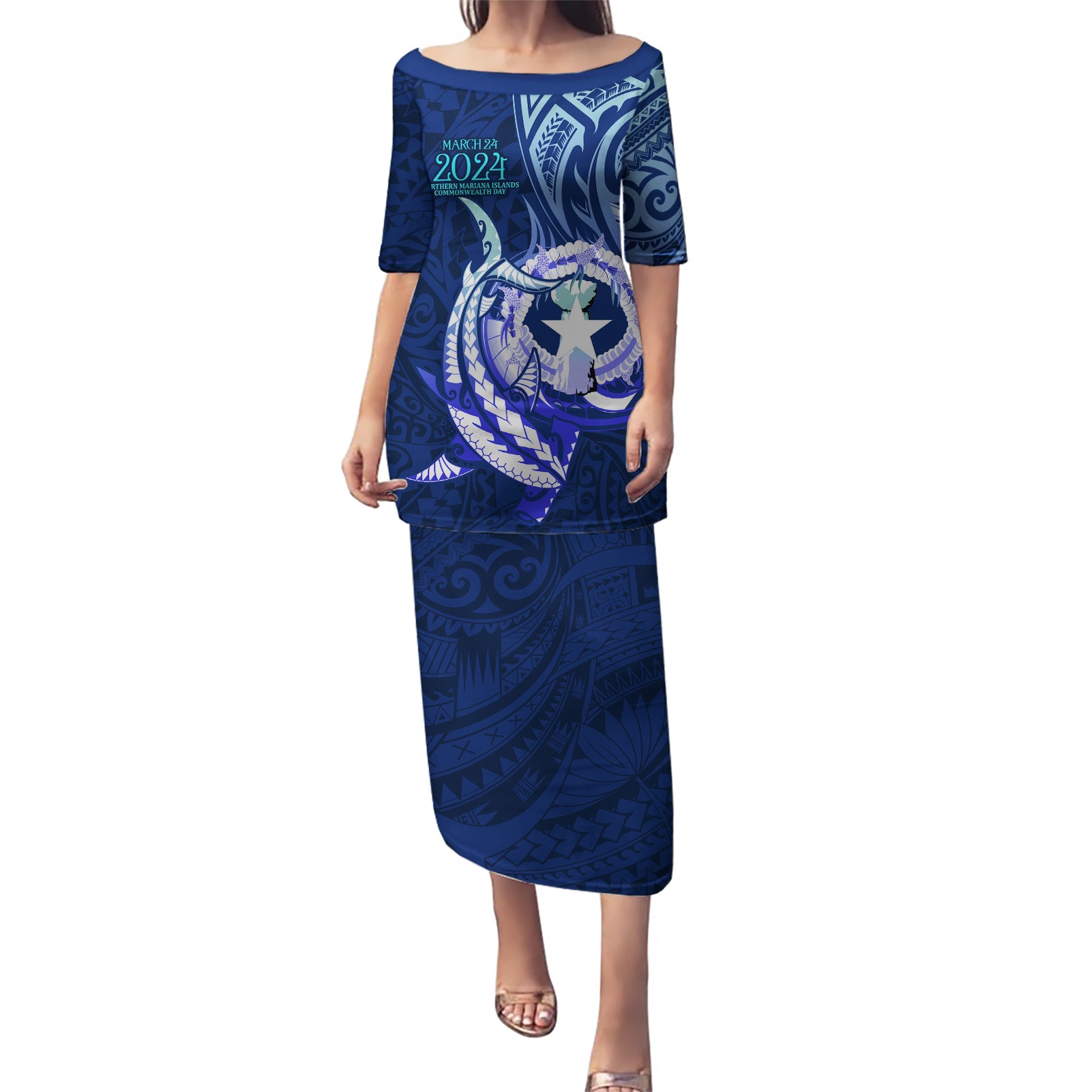 Personalised Northern Mariana Islands Puletasi Commonwealth Day 2024 LT9 Long Dress Ocean Blue - Polynesian Pride