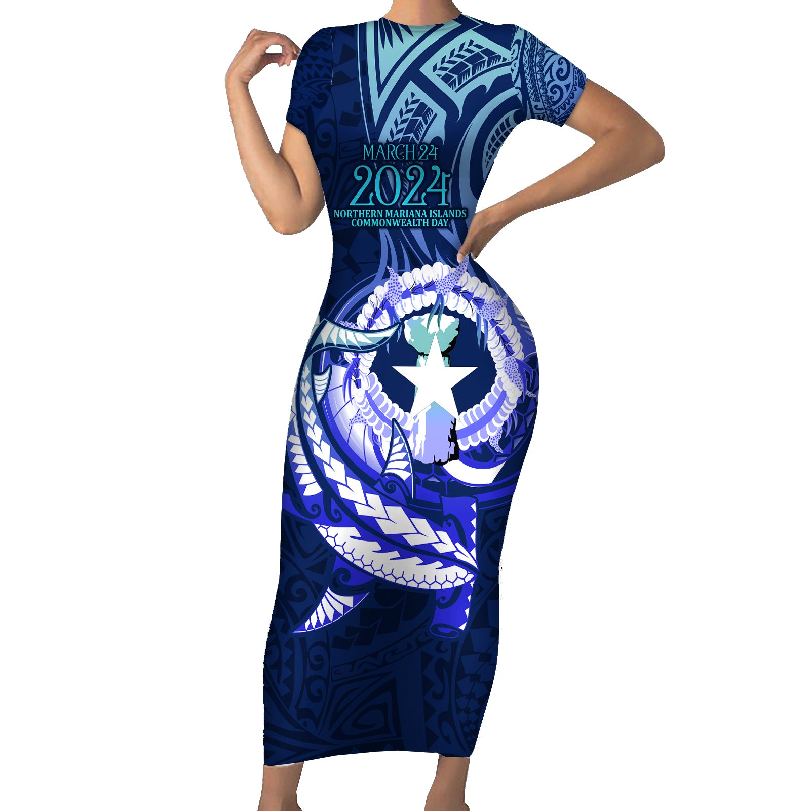 Personalised Northern Mariana Islands Short Sleeve Bodycon Dress Commonwealth Day 2024 LT9 Long Dress Ocean Blue - Polynesian Pride