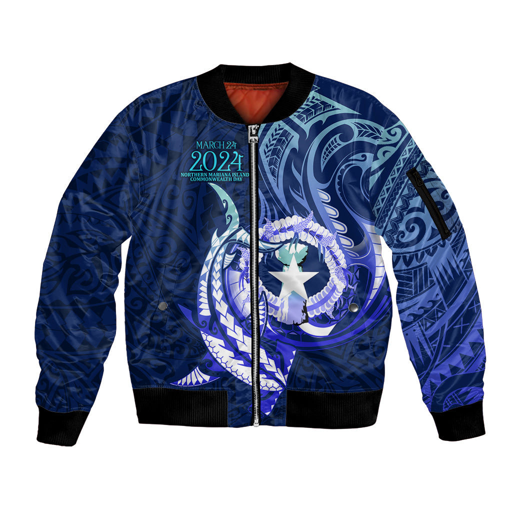 Personalised Northern Mariana Islands Sleeve Zip Bomber Jacket Commonwealth Day 2024 LT9 Unisex Ocean Blue - Polynesian Pride