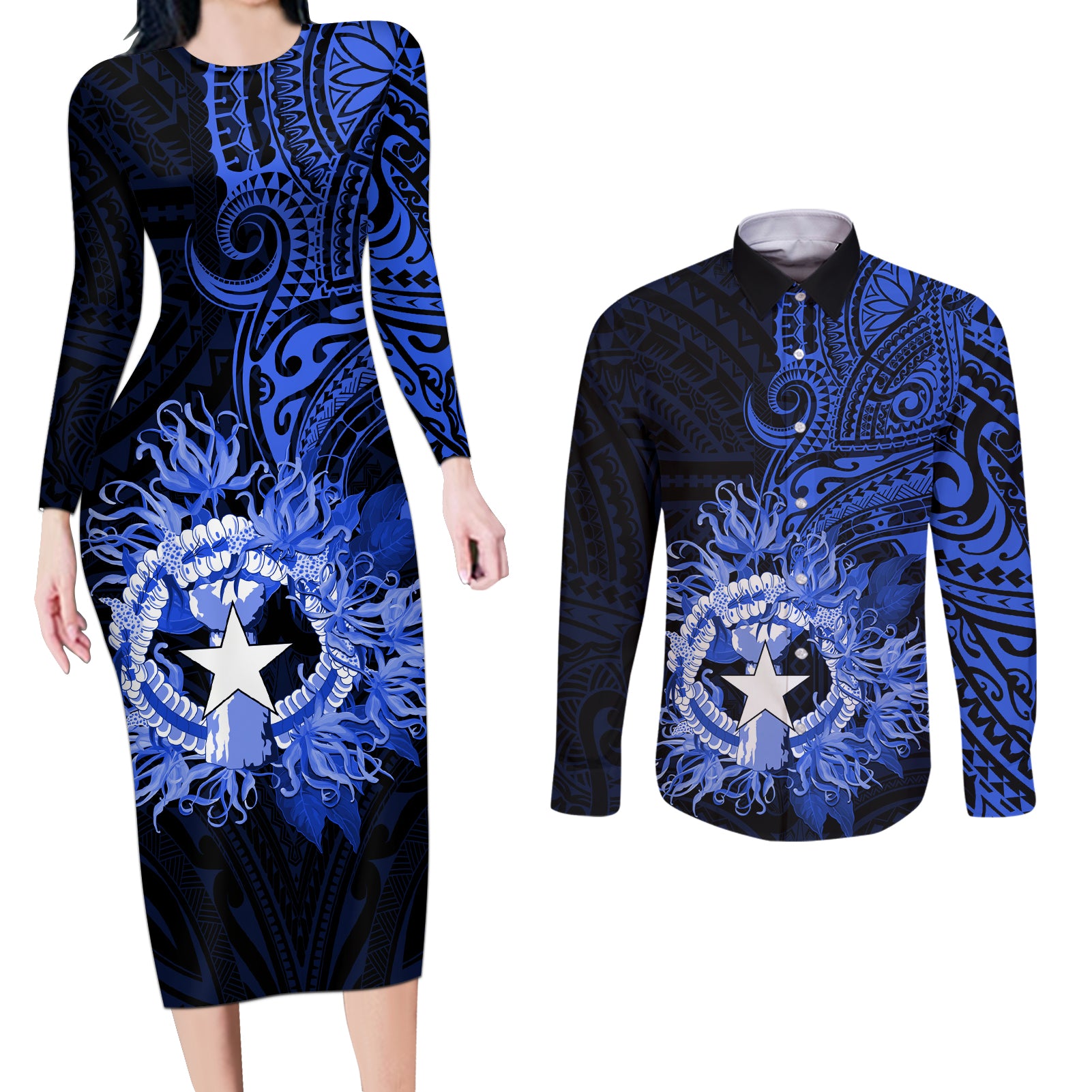 Northern Mariana Islands Ylang-ylang Mwarmwar Couples Matching Long Sleeve Bodycon Dress and Long Sleeve Button Shirt Polynesian Blue Style LT9 Blue - Polynesian Pride