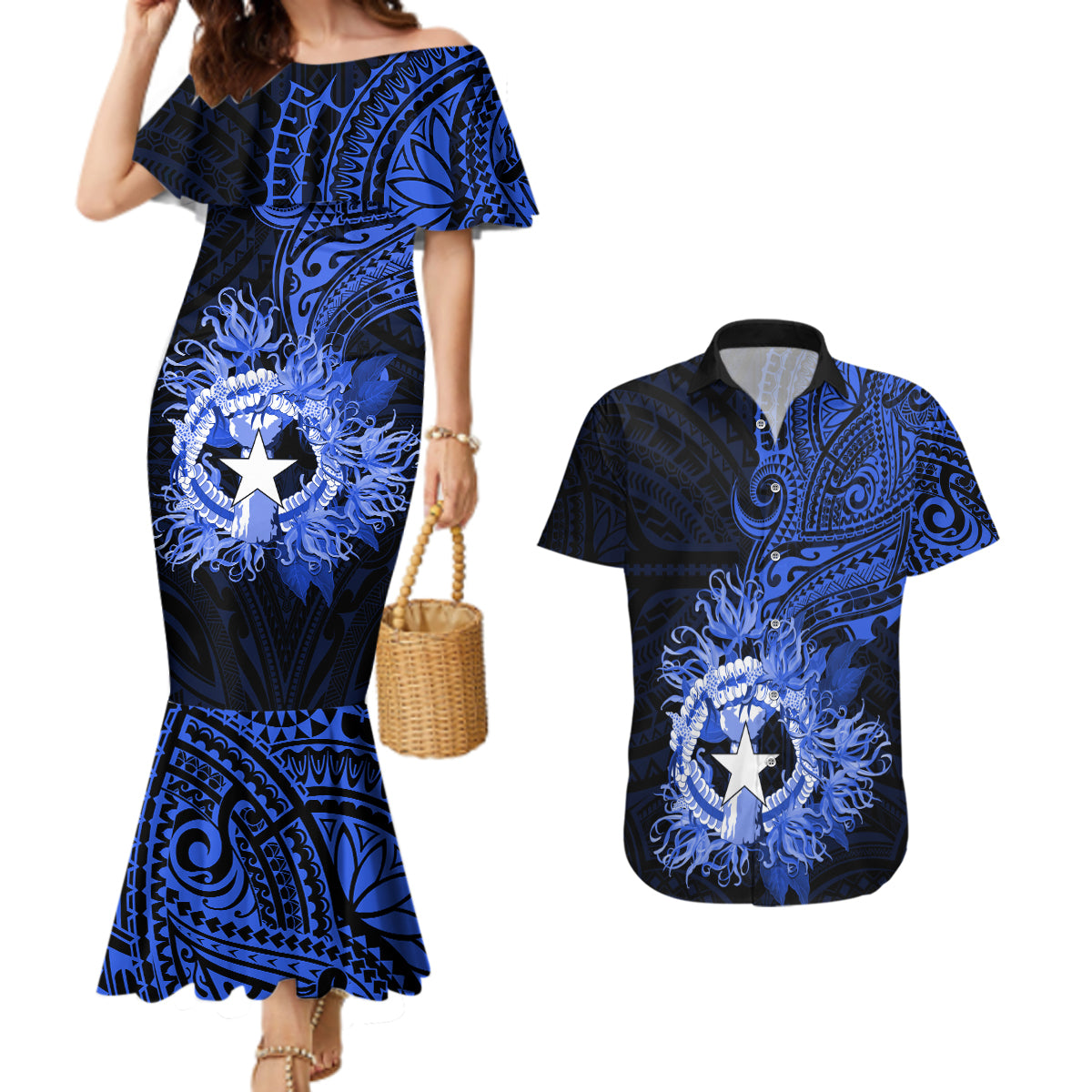 Northern Mariana Islands Ylang-ylang Mwarmwar Couples Matching Mermaid Dress and Hawaiian Shirt Polynesian Blue Style LT9 Blue - Polynesian Pride