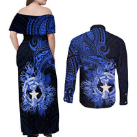 Northern Mariana Islands Ylang-ylang Mwarmwar Couples Matching Off Shoulder Maxi Dress and Long Sleeve Button Shirt Polynesian Blue Style LT9 - Polynesian Pride