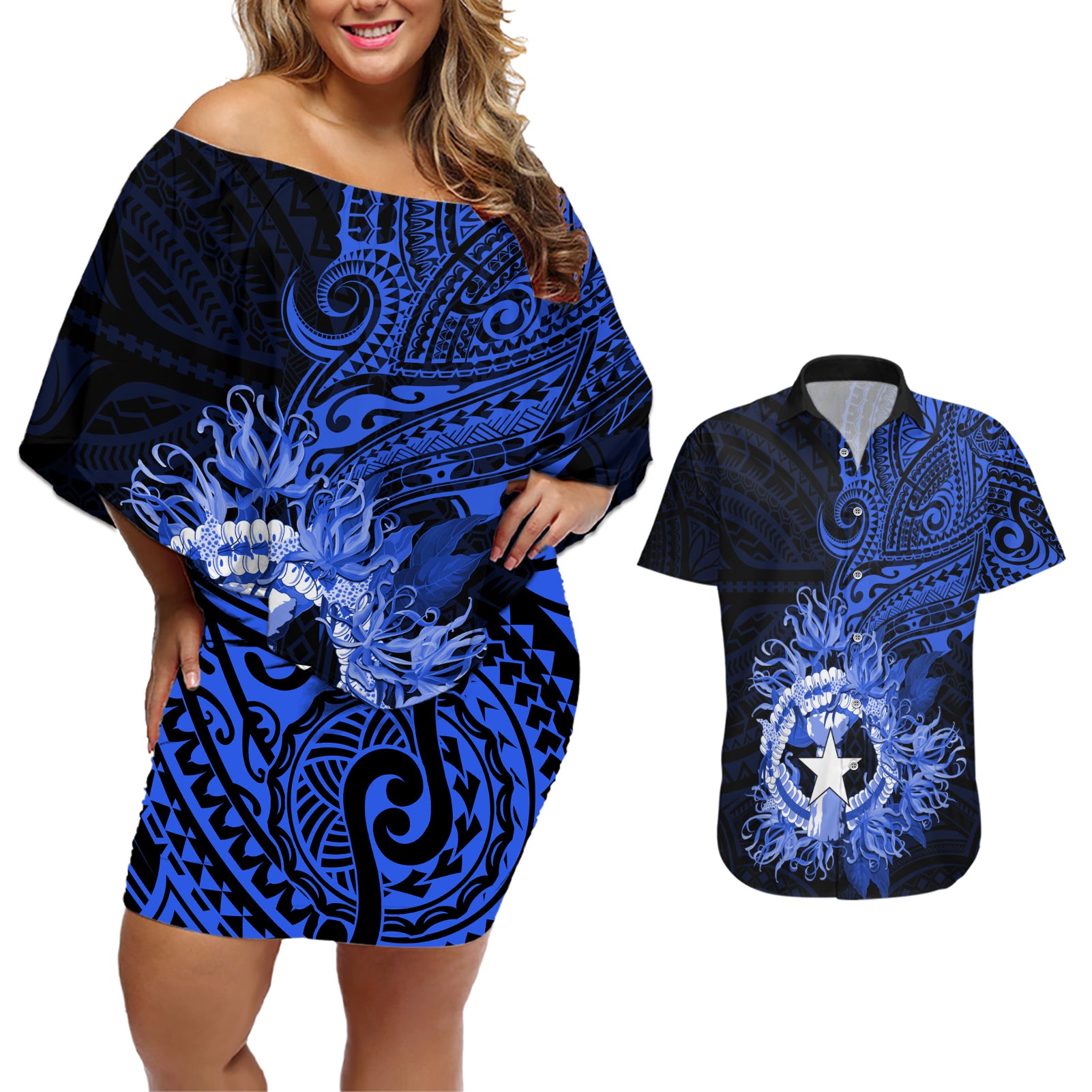 Northern Mariana Islands Ylang-ylang Mwarmwar Couples Matching Off Shoulder Short Dress and Hawaiian Shirt Polynesian Blue Style LT9 Blue - Polynesian Pride