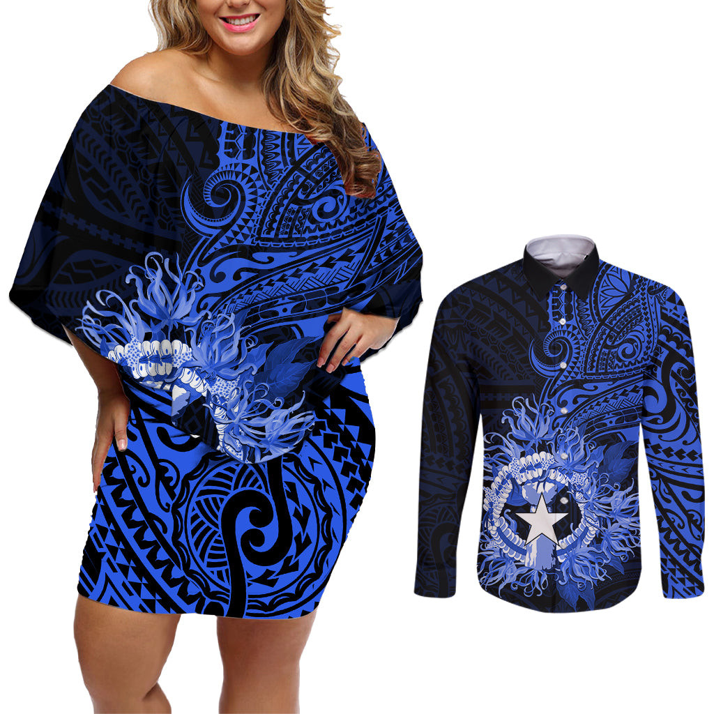 Northern Mariana Islands Ylang-ylang Mwarmwar Couples Matching Off Shoulder Short Dress and Long Sleeve Button Shirt Polynesian Blue Style LT9 Blue - Polynesian Pride