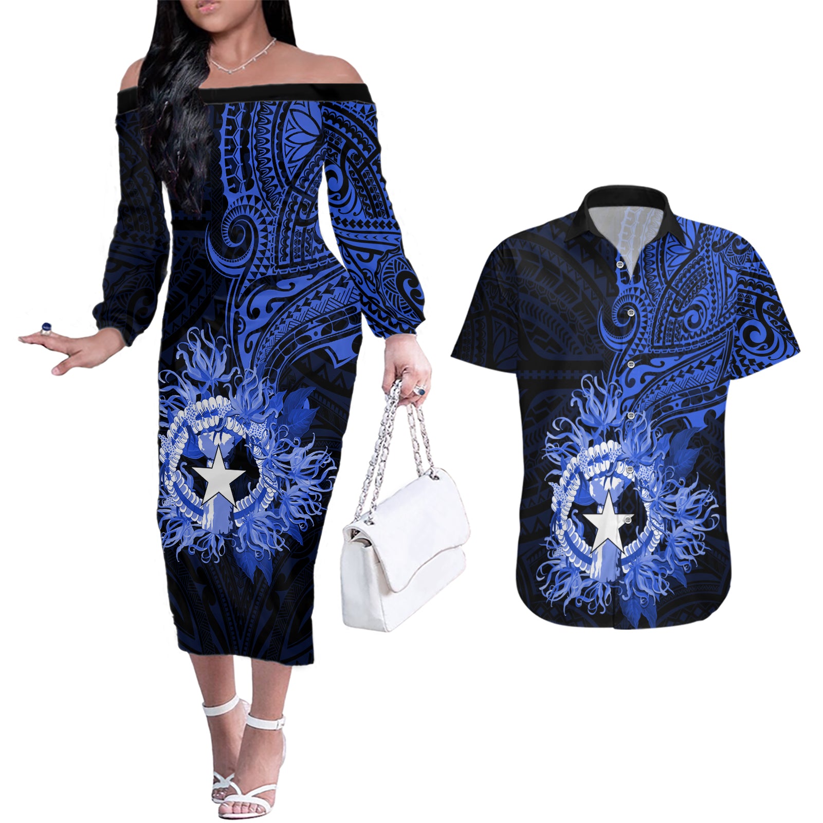 Northern Mariana Islands Ylang-ylang Mwarmwar Couples Matching Off The Shoulder Long Sleeve Dress and Hawaiian Shirt Polynesian Blue Style LT9 Blue - Polynesian Pride