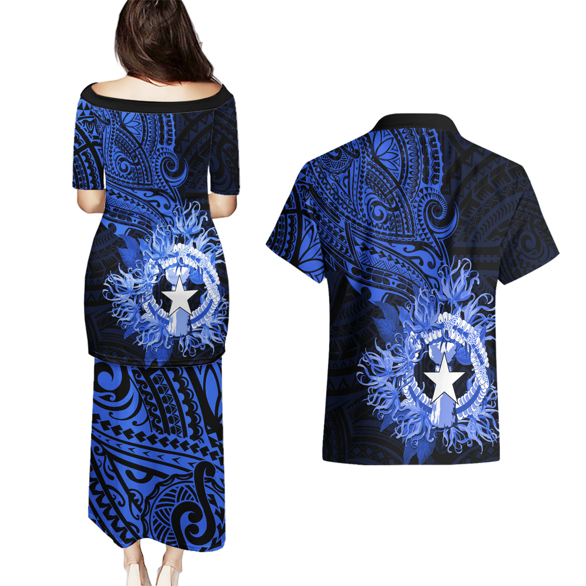 Northern Mariana Islands Ylang-ylang Mwarmwar Couples Matching Puletasi and Hawaiian Shirt Polynesian Blue Style LT9 - Polynesian Pride