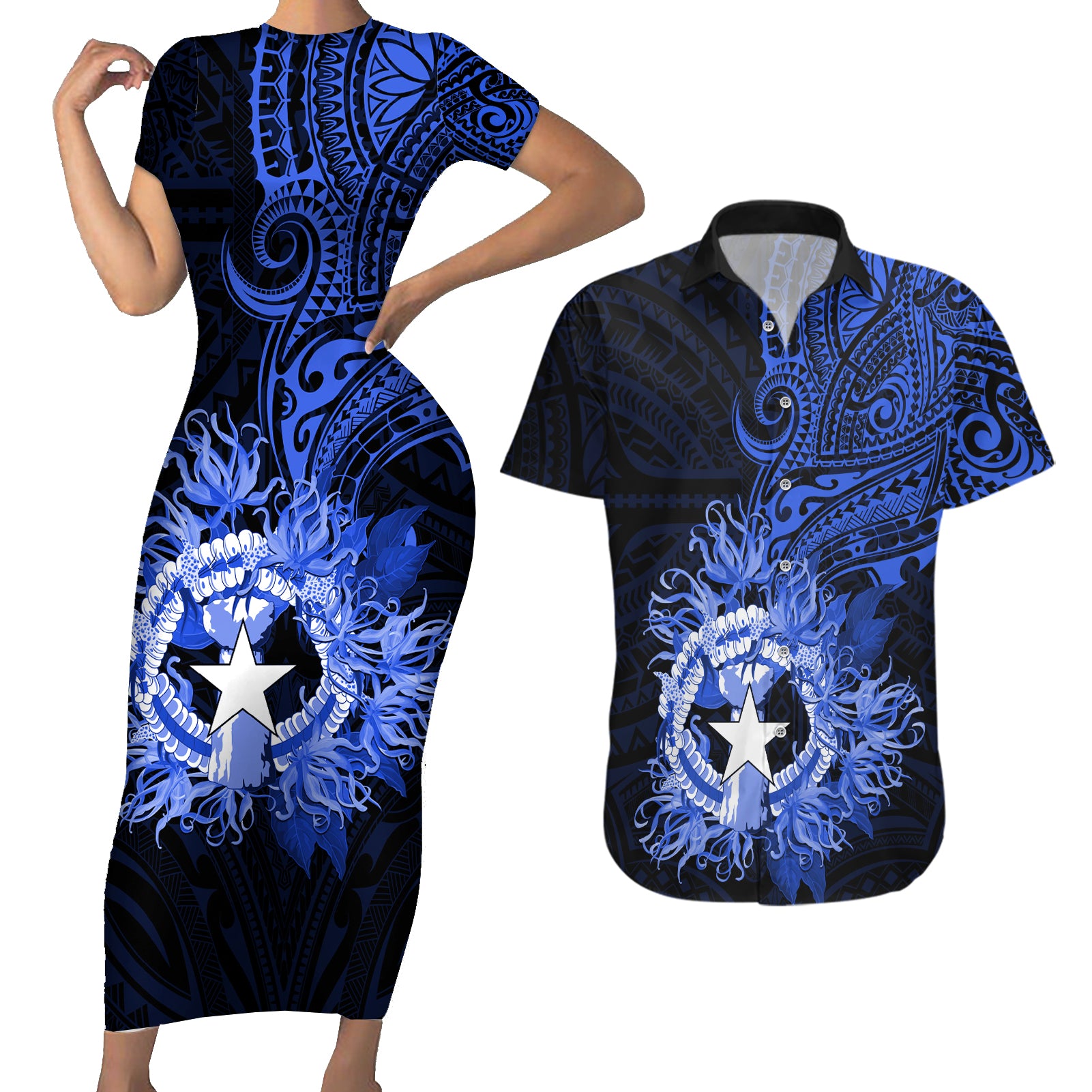 Northern Mariana Islands Ylang-ylang Mwarmwar Couples Matching Short Sleeve Bodycon Dress and Hawaiian Shirt Polynesian Blue Style LT9 Blue - Polynesian Pride