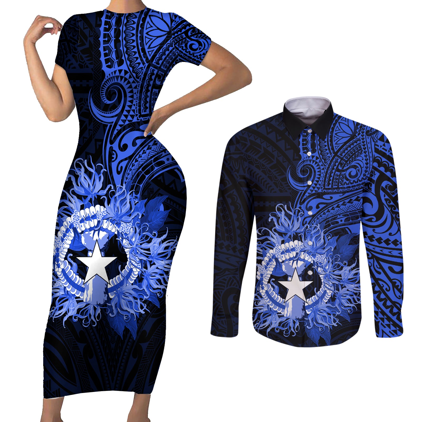 Northern Mariana Islands Ylang-ylang Mwarmwar Couples Matching Short Sleeve Bodycon Dress and Long Sleeve Button Shirt Polynesian Blue Style LT9 Blue - Polynesian Pride