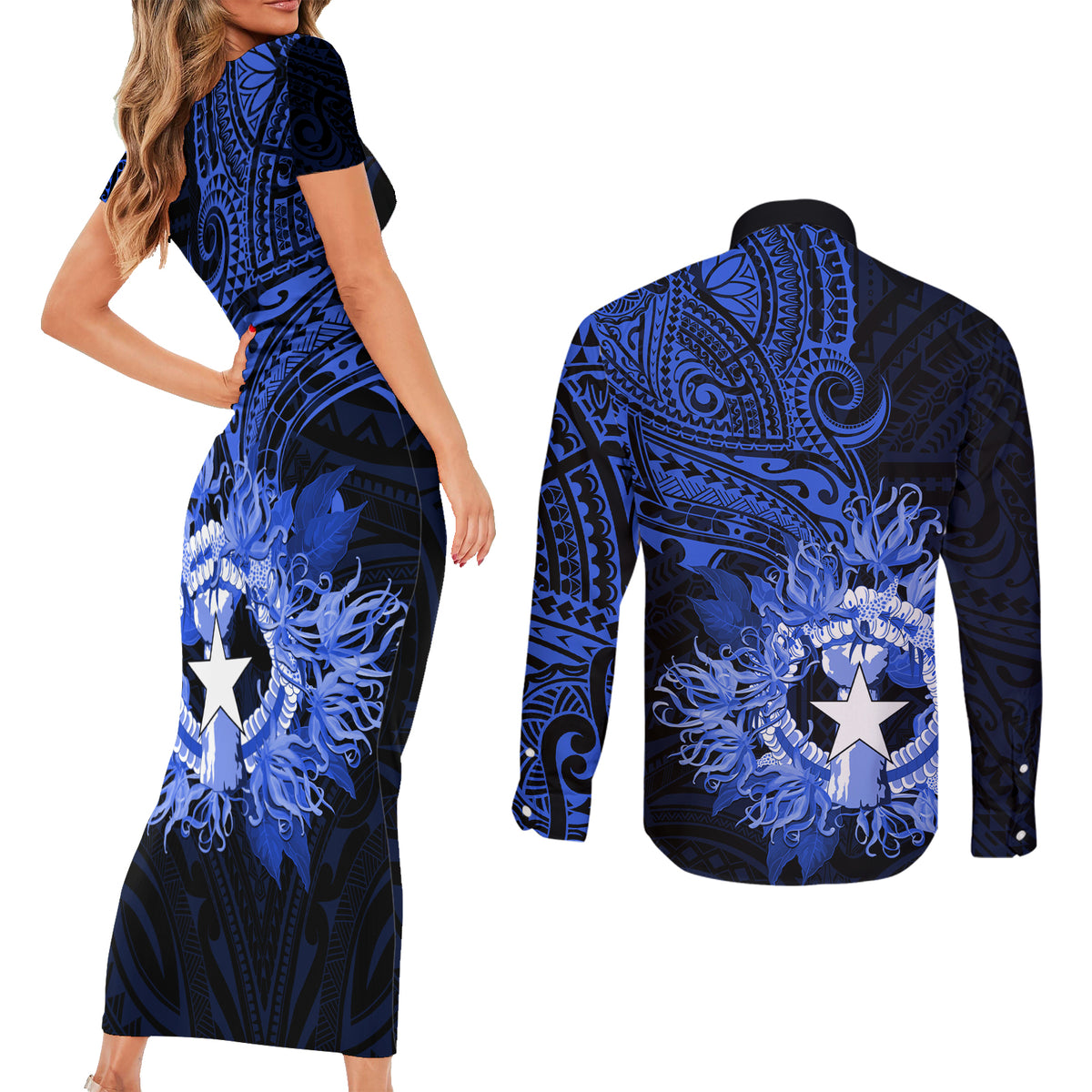 Northern Mariana Islands Ylang-ylang Mwarmwar Couples Matching Short Sleeve Bodycon Dress and Long Sleeve Button Shirt Polynesian Blue Style LT9 - Polynesian Pride