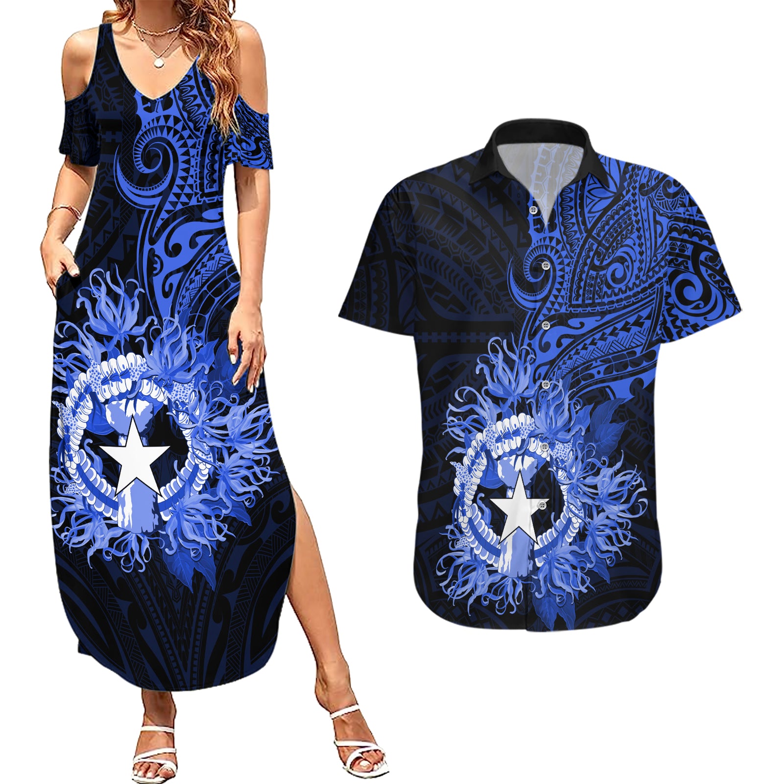 Northern Mariana Islands Ylang-ylang Mwarmwar Couples Matching Summer Maxi Dress and Hawaiian Shirt Polynesian Blue Style LT9 Blue - Polynesian Pride