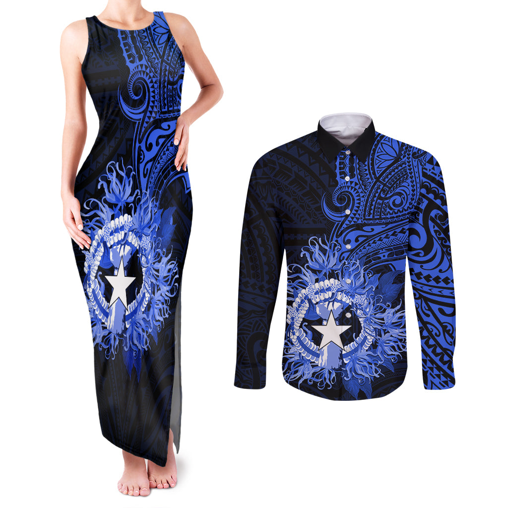 Northern Mariana Islands Ylang-ylang Mwarmwar Couples Matching Tank Maxi Dress and Long Sleeve Button Shirt Polynesian Blue Style LT9 Blue - Polynesian Pride