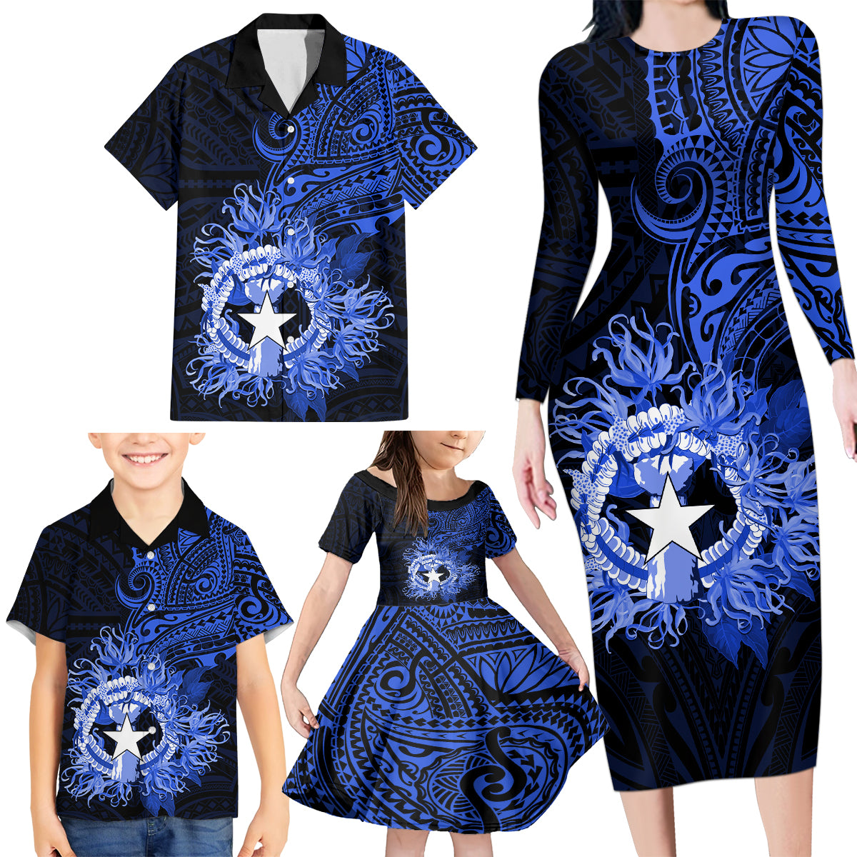 Northern Mariana Islands Ylang-ylang Mwarmwar Family Matching Long Sleeve Bodycon Dress and Hawaiian Shirt Polynesian Blue Style LT9 - Polynesian Pride