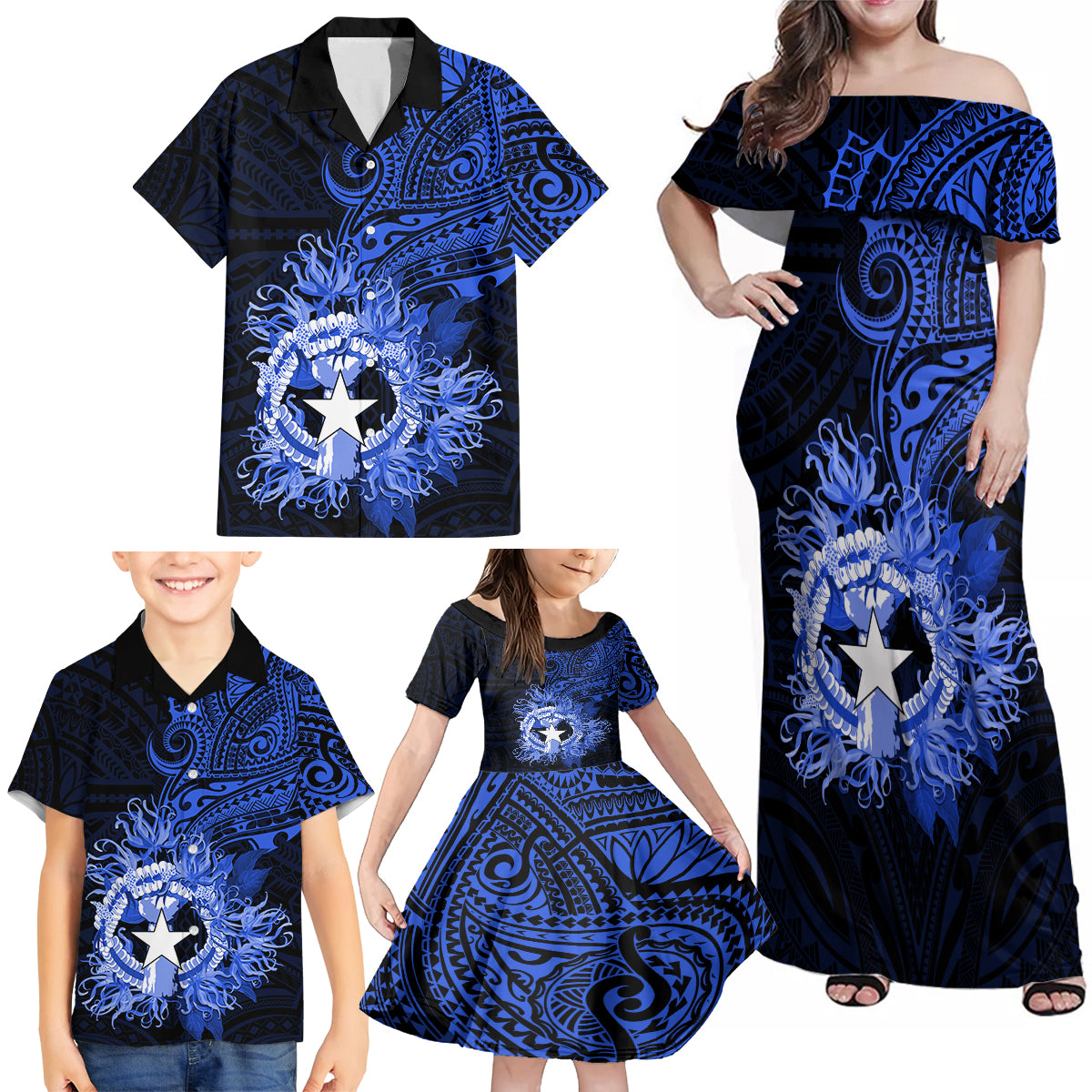 Northern Mariana Islands Ylang-ylang Mwarmwar Family Matching Off Shoulder Maxi Dress and Hawaiian Shirt Polynesian Blue Style LT9 - Polynesian Pride