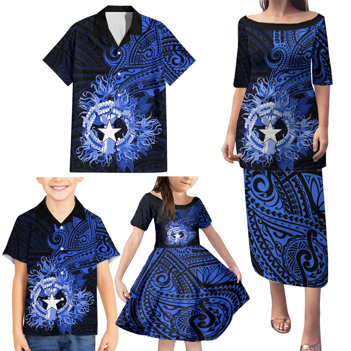 Northern Mariana Islands Ylang-ylang Mwarmwar Family Matching Puletasi and Hawaiian Shirt Polynesian Blue Style LT9 - Polynesian Pride