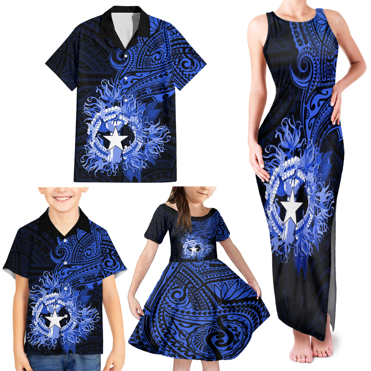 Northern Mariana Islands Ylang-ylang Mwarmwar Family Matching Tank Maxi Dress and Hawaiian Shirt Polynesian Blue Style LT9 - Polynesian Pride