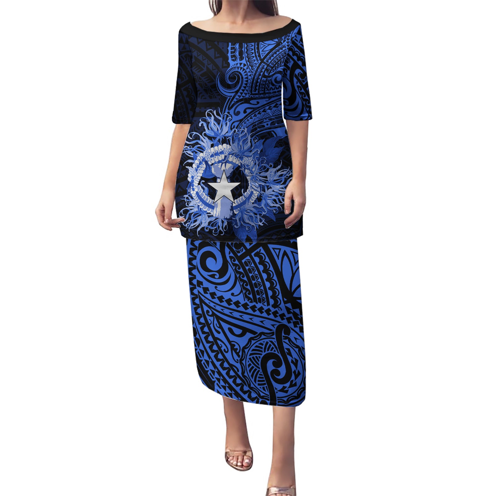 Northern Mariana Islands Ylang-ylang Mwarmwar Puletasi Polynesian Blue Style LT9 Long Dress Blue - Polynesian Pride