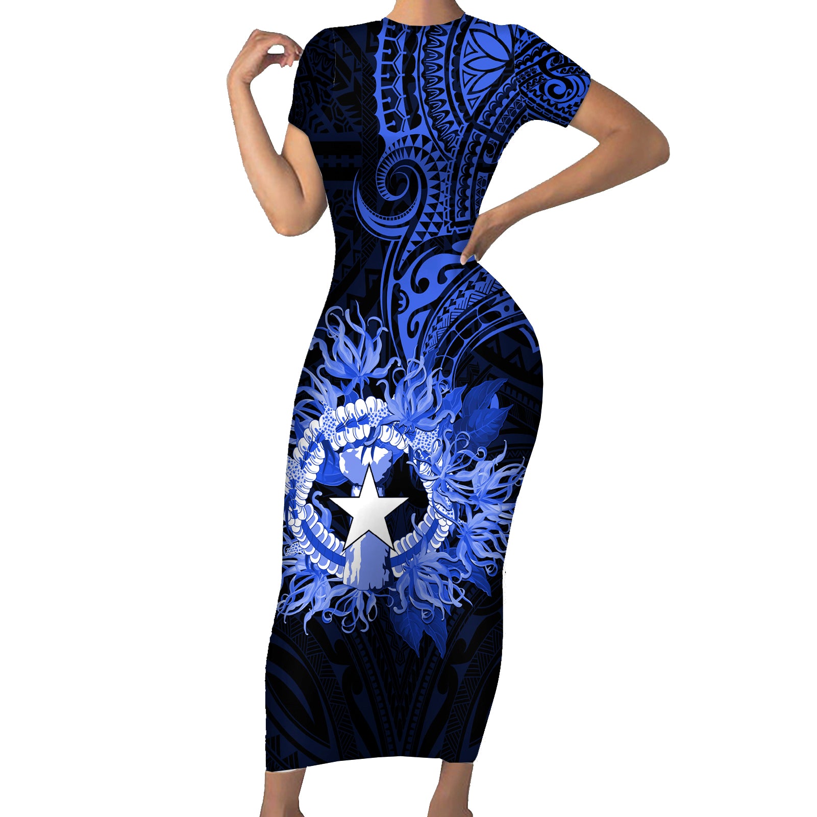 Northern Mariana Islands Ylang-ylang Mwarmwar Short Sleeve Bodycon Dress Polynesian Blue Style LT9 Long Dress Blue - Polynesian Pride