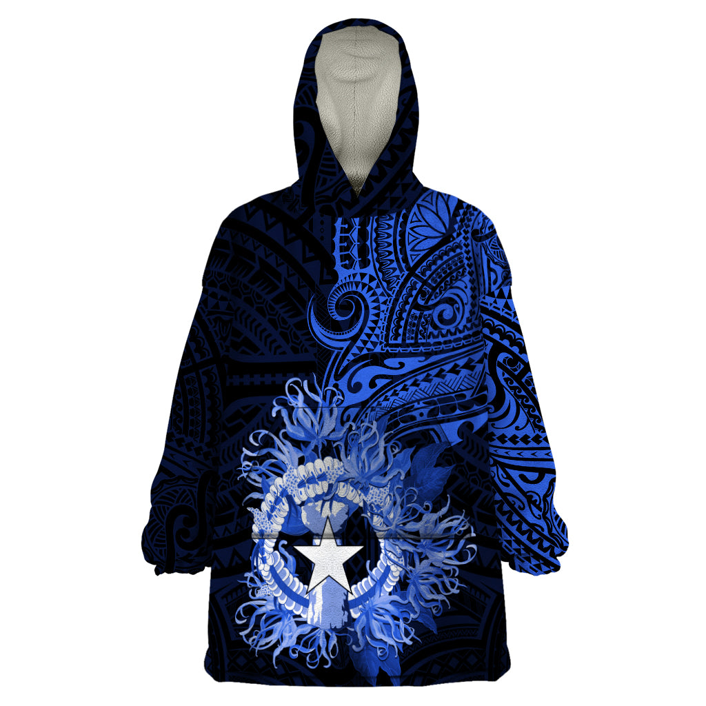 Northern Mariana Islands Ylang-ylang Mwarmwar Wearable Blanket Hoodie Polynesian Blue Style LT9 One Size Blue - Polynesian Pride