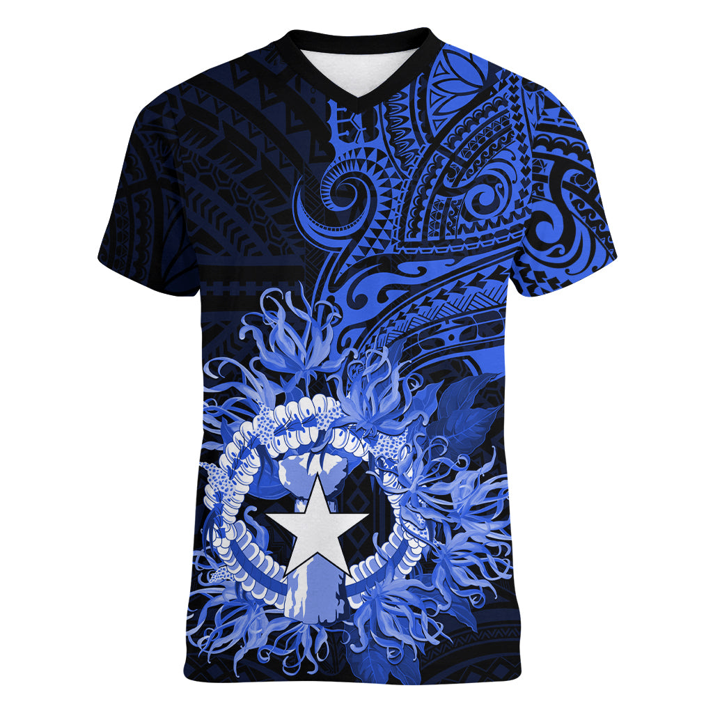 Northern Mariana Islands Ylang-ylang Mwarmwar Women V Neck T Shirt Polynesian Blue Style LT9 Female Blue - Polynesian Pride