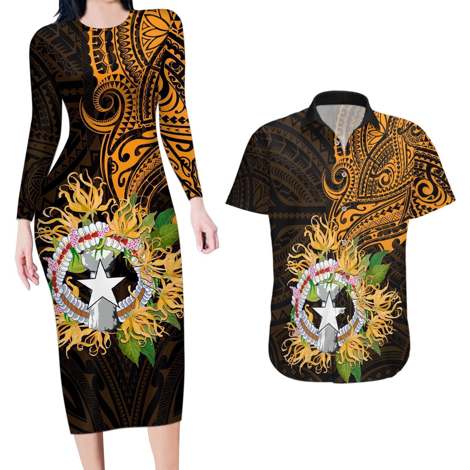 Northern Mariana Islands Ylang-ylang Mwarmwar Couples Matching Long Sleeve Bodycon Dress and Hawaiian Shirt Polynesian Gold Style LT9 Gold - Polynesian Pride