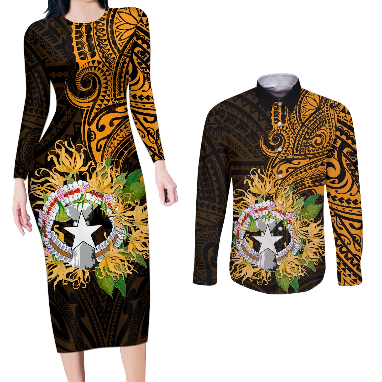 Northern Mariana Islands Ylang-ylang Mwarmwar Couples Matching Long Sleeve Bodycon Dress and Long Sleeve Button Shirt Polynesian Gold Style LT9 Gold - Polynesian Pride