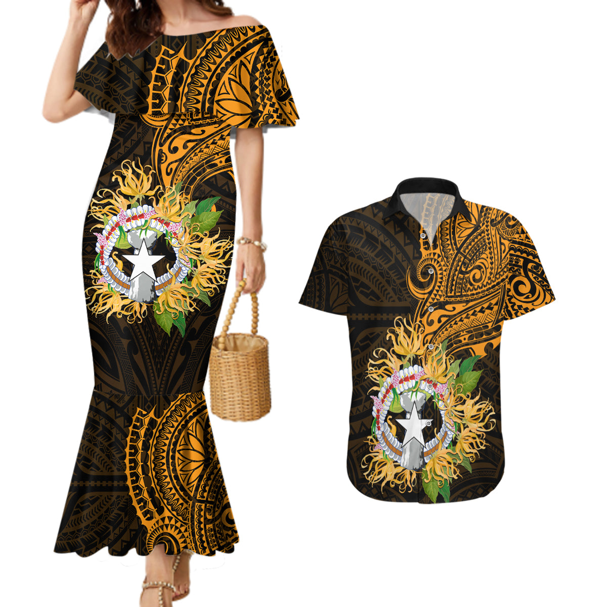 Northern Mariana Islands Ylang-ylang Mwarmwar Couples Matching Mermaid Dress and Hawaiian Shirt Polynesian Gold Style LT9 Gold - Polynesian Pride